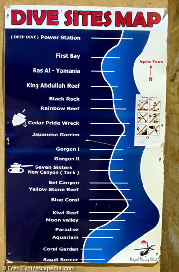 מפת אתרי הצלילה בעקבה Dive sites of Aqaba